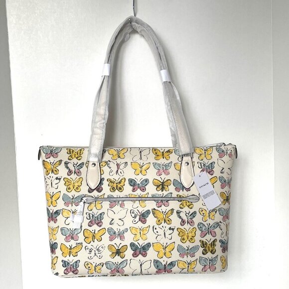 Coach Gallery Tote Butterfly White Signature Canvas CAR36 Shoulder Bag Yellow - Picture 2 of 11